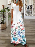 rRomildi Women's Vacation Dress V-Neck Lace Short Sleeve Long Maxi Floral Summer Dress