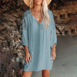 RomiLdi Women's Boho Dress V-Neck Lace Shoulder Beach Dress