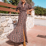 RomiLdi Women's Bohemian Dress Lapel Long Sleeve Floral Slit Long Maxi Boho Dress