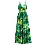 rRomildi Women's Beach Dress Bohemian Boho Leaf Print V-Neck Spaghetti Dress