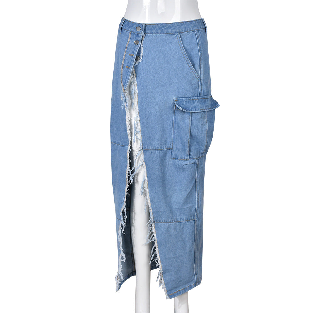 RomiLdi Solid Color Modern High Split Denim Skirt