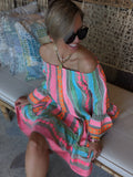 rRomildi Women's Boho Beach Dress off Shoulder Bell Sleeve Bohemian Mini Dress