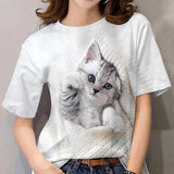 rRomildi Women's Cute Cat Print T-Shirt Crew Neck Short Sleeve 3D Cat Full Print Tee