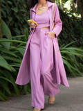 RomiLdi Women's Set Casual Trench Coat, Halter Crop Top and Wide Leg Pants Three Piece Suit