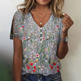 rRomildi Women's V-Neck Pullover T-Shirt Vintage Retro Floral Print Tee