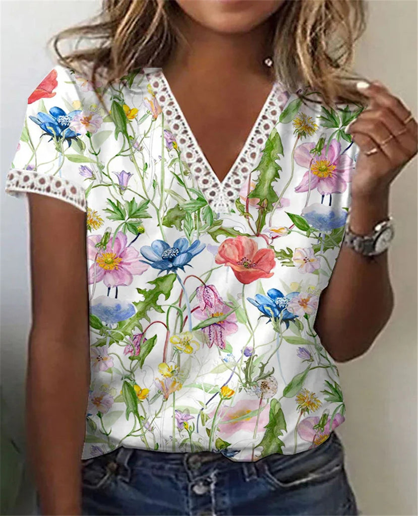 rRomildi Women's Floral Top Lace V-Neck Loose Floral Print Short Sleeve Tee T-Shirt