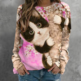 RomiLdi Women's Casual Top Cute Cat Print Crew Neck Long Sleeve T-Shirt