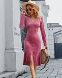 RomiLdi Women's Dress Solid Color V-Neck Long Sleeve Dress