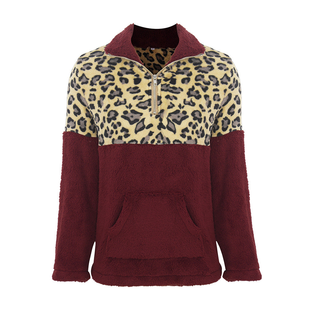 RomiLdi Women's Sweatshirt Leopard Print Half Zipper Stand Collar Soft Fleece Sweatshirt