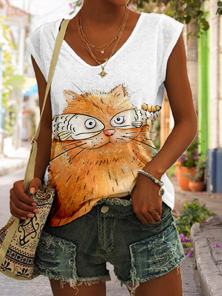 rRomildi Women's Cat Lover Cap Shirt, The Coffee Cat With Fish Cover The  Eyes Cap Shirt V Neck Short Sleeve T Shirt