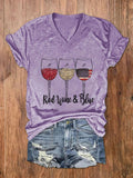 rRomildi Women's Red Wine Blue Red Wine Glass Flag Print V-Neck Basic T-Shirt