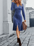 RomiLdi Women's Dress Solid Color V-Neck Long Sleeve Dress