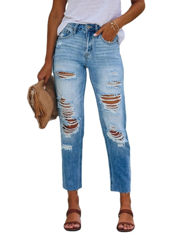 rRomildi Women's Spring Summer Denim Ripped Hole Straight Denim Jeans