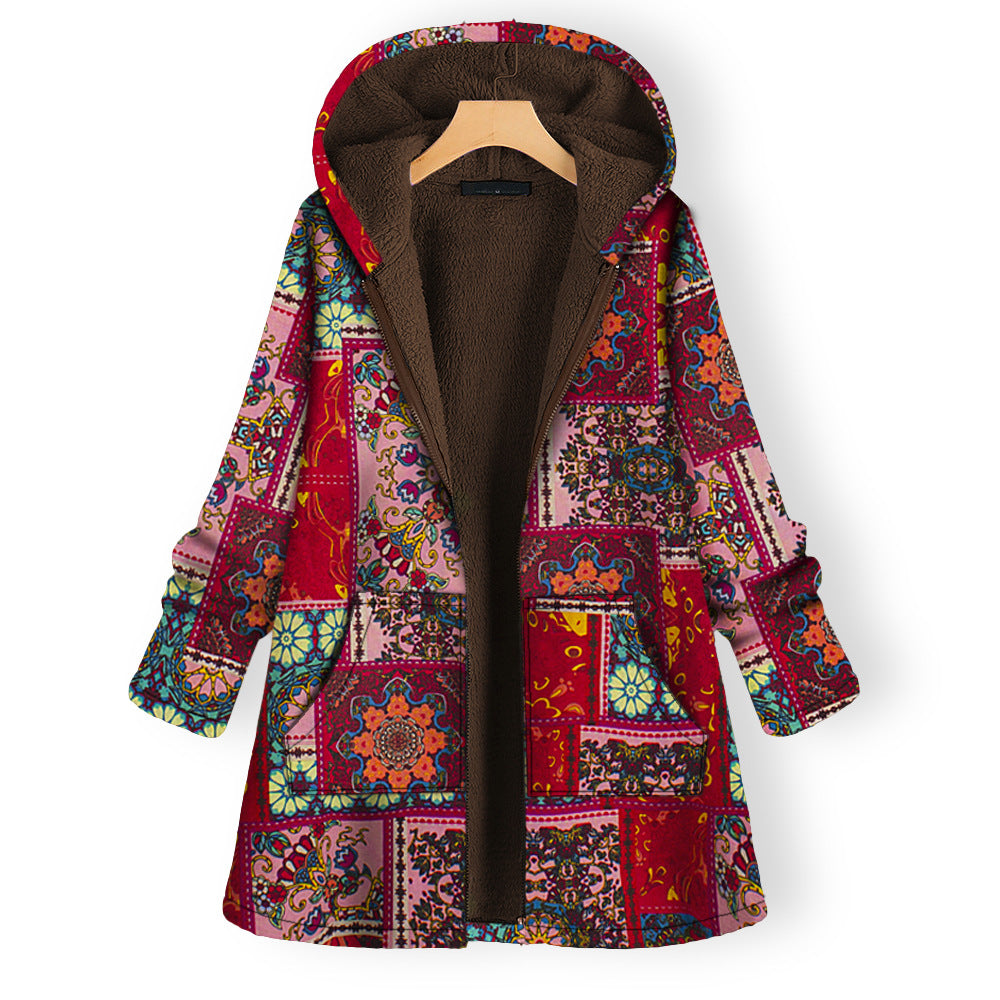RomiLdi Womens Coat Vintage West Floral Print Red Hoodie Thick Fleece Jacket Coat Outerwear