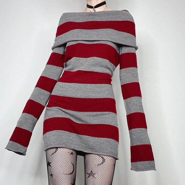 Romildi E-girl Striped Gothic Aesthetic Sexy Dresses Grunge Long Sleeve Knitted Skinny Dress For Women Off Shoulder Streetwear