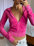 Romildi Aesthetics Pink Velour Sets Slim Y2K Streetwear Zip Up Hoodie and Drawstring Low Waist Pants Co-ord Suits Women