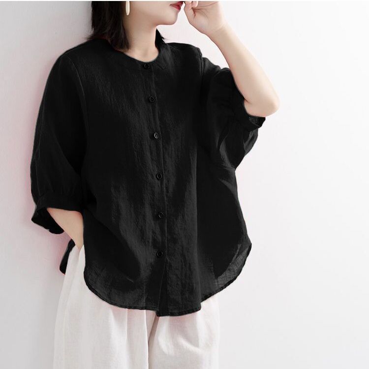 rRomildi Women's Solid Cotton Linen Blouse Light Weight Soft Linen Stand Collar Shirts