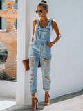 RomiLdi Casual Solid Ripped Slit Strap Sleeveless Regular Denim Jumpsuits