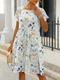 rRomildi Women's Floral Summer Dress Crew Neck Midi Dress with Pocket