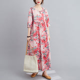 rRomildi Women's Cotton Linen Dress Floral Print Spring Summer Dress Mid-Sleeve Loose Linen Dress