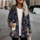 RomiLdi Womens Coat Vintage West Floral Print Hoodie Thick Fleece Jacket Cotton Linen Coat Outerwear