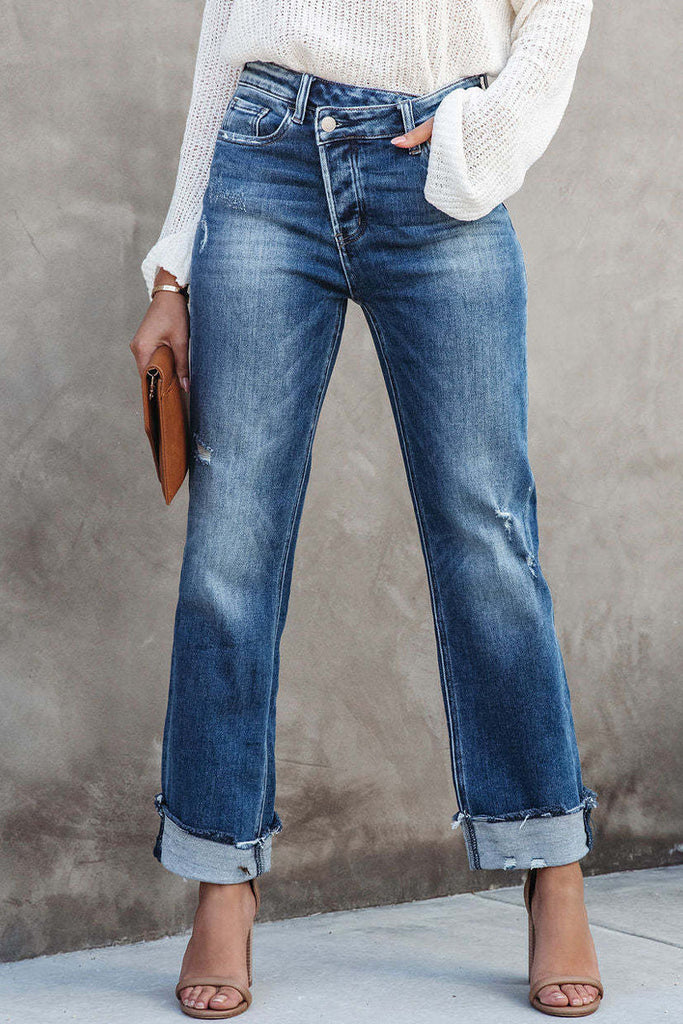 rRomildi Casual Street Solid Make Old Asymmetrical Straight Denim Jeans