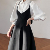 Romildi New Spring Dress Women Single Breasted Lantern Sleeve Shirt Set+Camisole Bow Pleated Solid Dresses