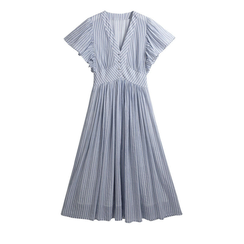 rRomildi Women's Cotton and Linen Dress Striped Print V-Neck Flare Sleeve France Style Dress