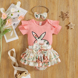 RomiLdi Baby Girl Clothes Easter Set Cute Rabbit Print Short Sleeve Bodysuit Top Floral Shorts Bow Headband