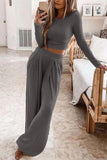 RomiLdi Solid Color Ribbed Crop Top Long Pants Set