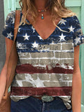 rRomildi Women's US Flag Top American Flag Print Short Sleeve V-Neck T-Shirt