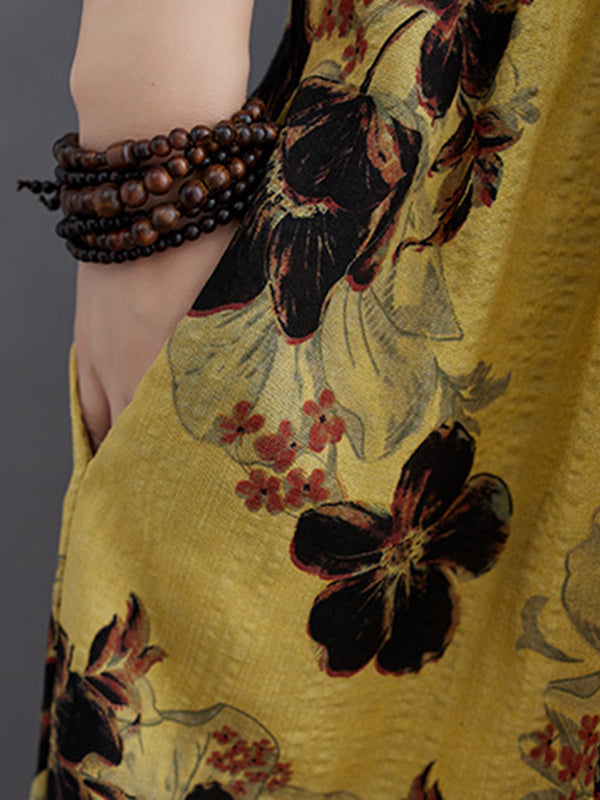 rRomildi Pleated Printed Split-Joint Loose Short Sleeves Round-Neck Midi Dresses