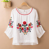 RomiLdi Embroidery Floral Blouse for Women Crew Neck Mid Sleeve Cotton Linen Blouse