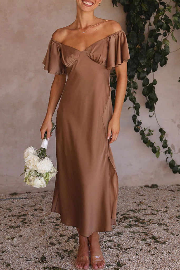 rRomildi Sexy Celebrities Solid Slit Off the Shoulder Pleated Dresses