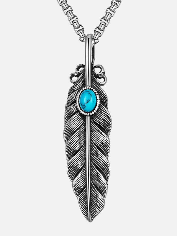 rRomildi Turquoise Feather Necklace Titanium Steel Vintage Silver Punk Gothic Hippie Long Leaf Pendant Necklace Jewelry