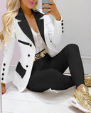 Colorblock Double Breasted Blazer Coat & Plain Pants Set