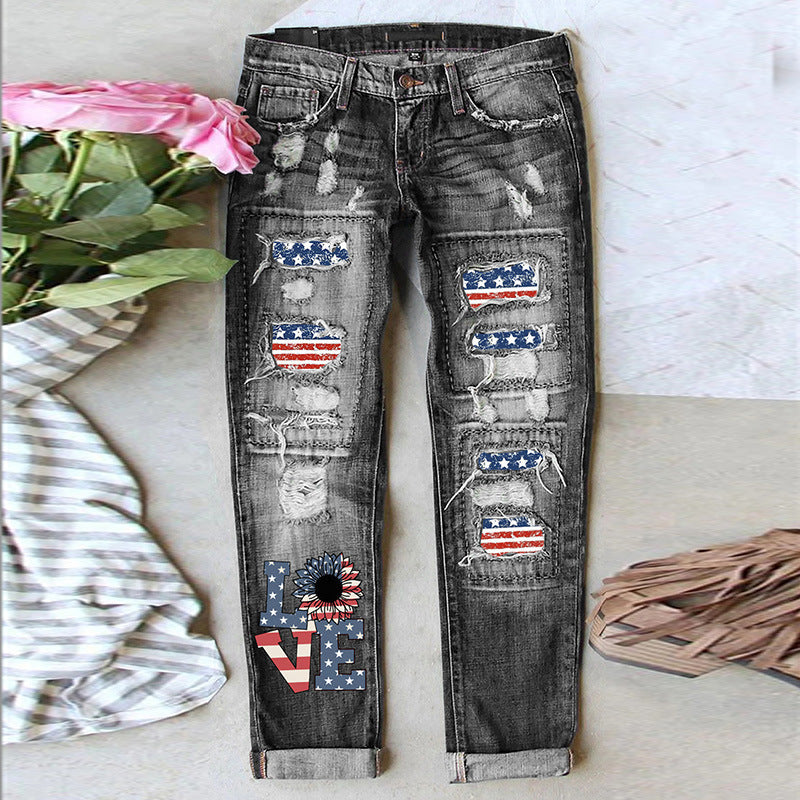 rRomildi Women's Jeans American Flag Ripped Mid Waist Jean