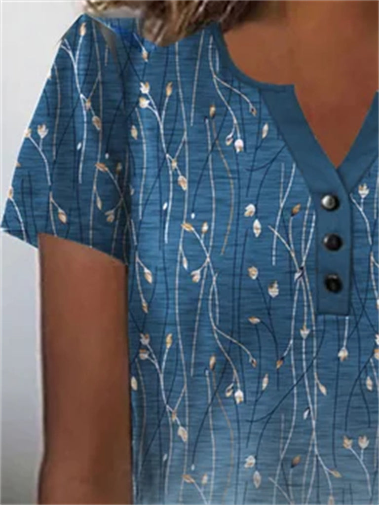 RomiLdi Women's Artist Print Blue Retro Floral Button Down Short Tee T-Shirts