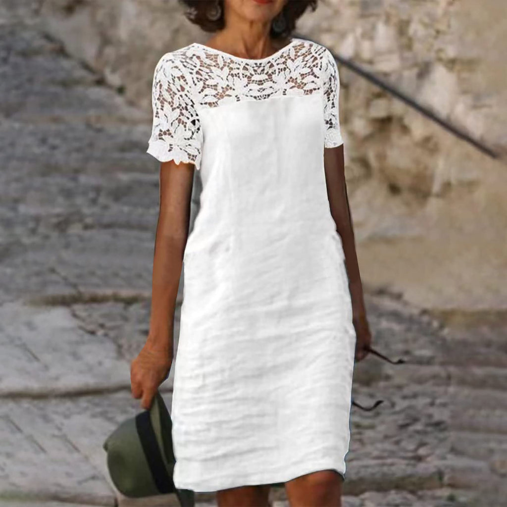 rRomildi Women's Cotton Linen Dresses Lace Crew-Neck Short Sleeve Casual Cotton Linen Dress