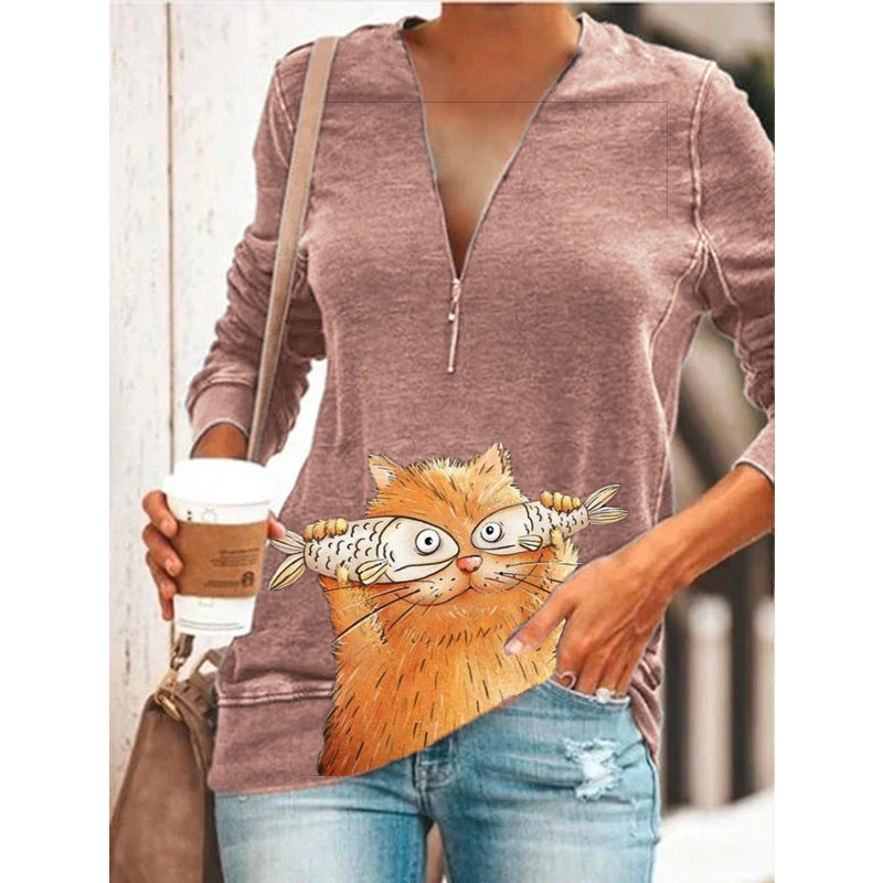 RomiLdi Women Plus Size Cute Cat with fish Animal Cat Printed Casual V Neck Sweatshirt & Top