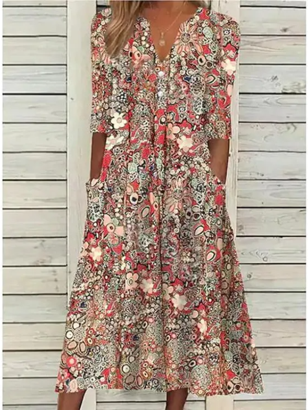 rRomildi Women's Summer Dresses Floral Print V-Neck Mid Sleeve Midi Dress