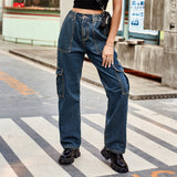 rRomildi Women's Denim Jeans Long Straight Big Pocket Workwear Cargo Jean Pant