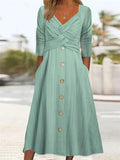 rRomildi Women's Spring Dress Cross V-Neck High Waist Solid Dress