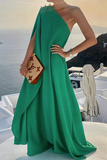 rRomildi Women's Holiday Vacation Dress One Shoulder Solid Split Maxi Dress