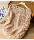 rRomildi Women's Cotton Linen Blouse Embroidery Floral Soft Linen Shirts