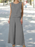 rRomildi Summer Outfits Casual Plain Cotton and Linen Suits Sleeveless Tank Top and Pants Two-Piece Sets