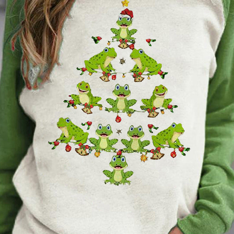 RomiLdi Women's Christmas T-Shirt Frog Christmas Tree Print Crew Neck Long Sleeve Top