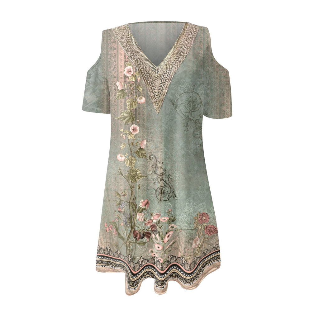 rRomildi Women's Casual Dresses Hollow out Sleeve Lace V-Neck Vintage Floral Print Mini Dress