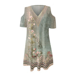 rRomildi Women's Casual Dresses Hollow out Sleeve Lace V-Neck Vintage Floral Print Mini Dress
