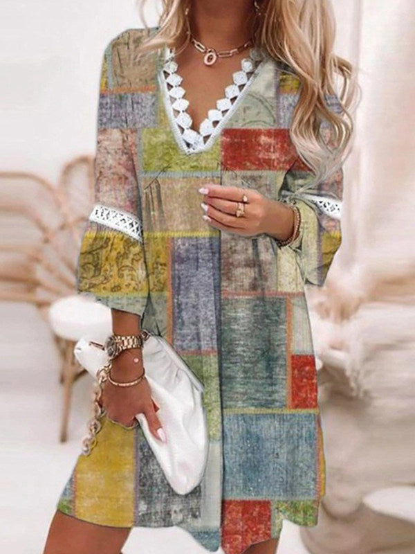 rRomildi V-neck Printed Lace Stitching Bohemian Style Holiday Dress